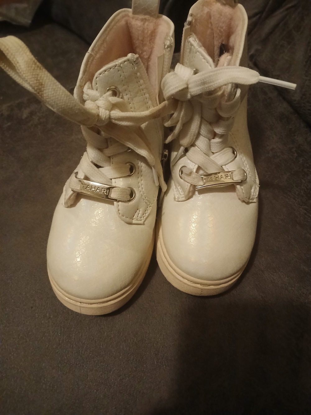 Tahari Cream Lace-Up Girls' Ankle Boots with Side Zipper